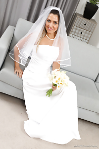 Green-eyed Bride Miss V Smiles Enchantingly As She Takes Off Her Wedding Dress And Reveal Legs In White Stockings